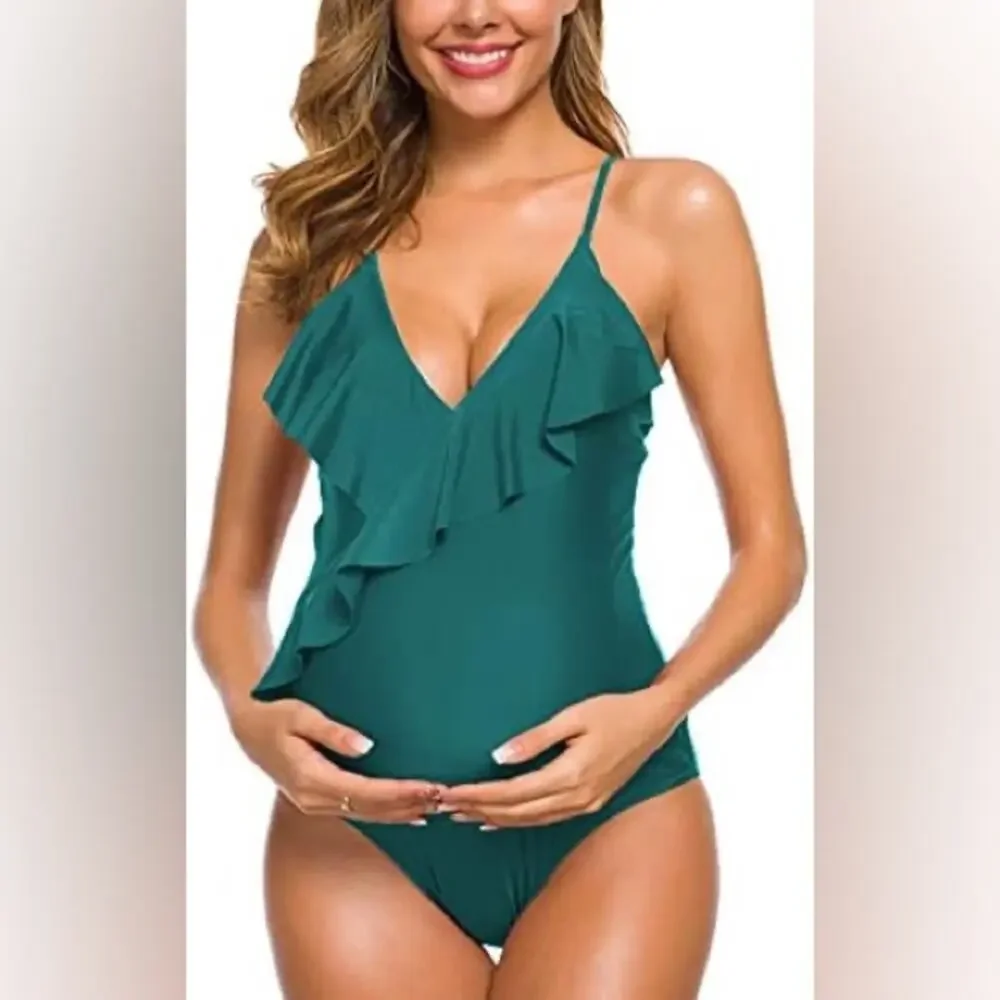 Maternity Swimsuit Women's Size 2XL One Piece Ruffle Swim Deep V Neck in Green